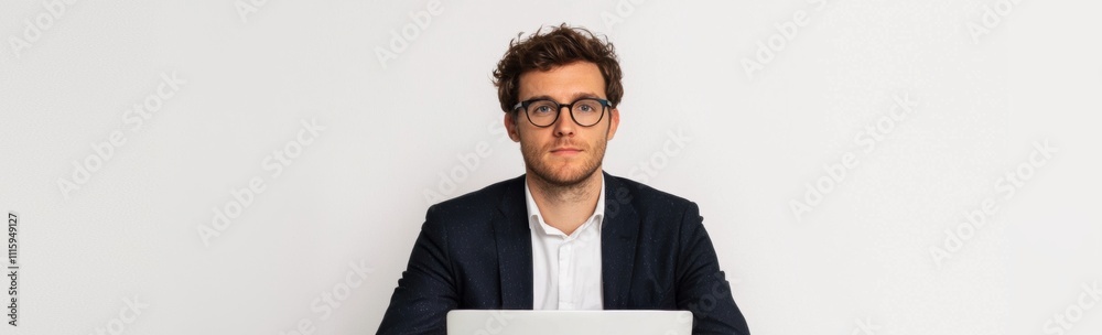 Obraz premium Young professional man in suit sitting at desk with laptop
