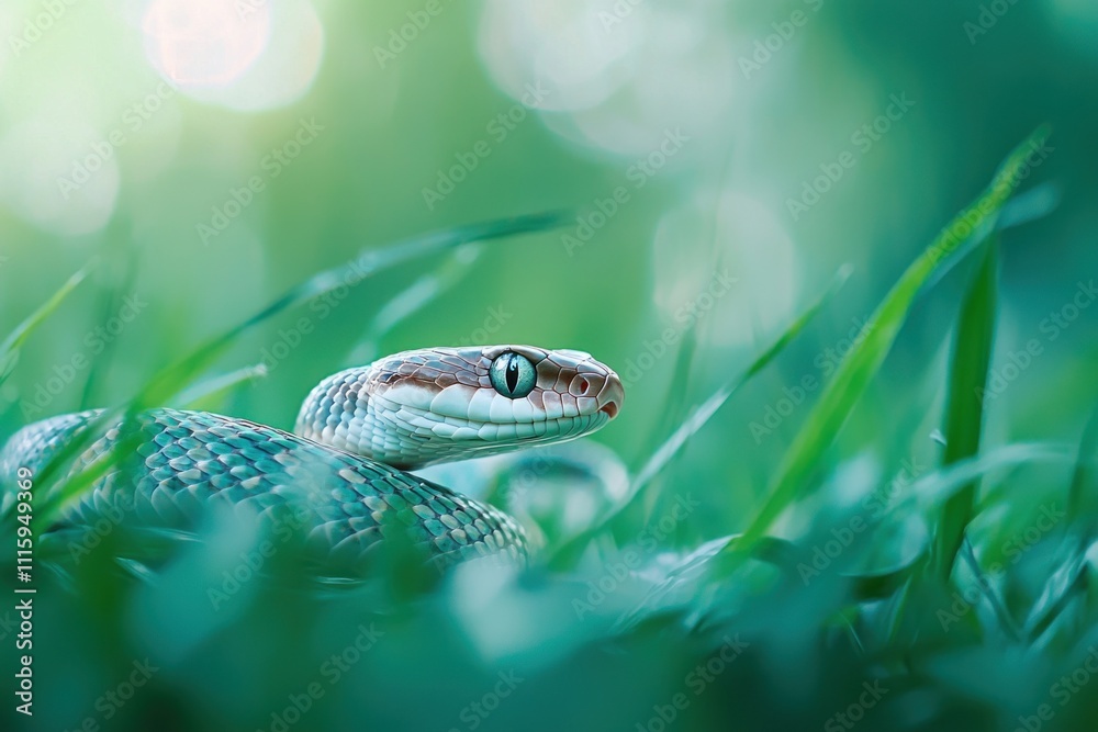 Obraz premium Close-up of a green snake resting in lush grass with blurred bokeh background