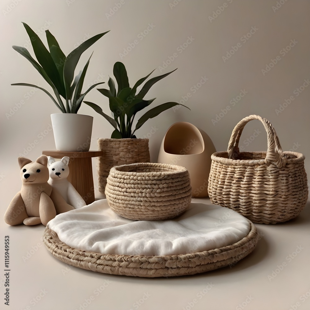 Fototapeta premium A cozy yet minimalistic pet-care setup, featuring handmade toys, eco-friendly pet bowls, and a soft neutral color palette, designed for a growing eco-conscious audience, Generative Ai 