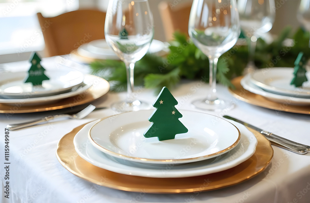 Fototapeta premium A festive table setting with a green Christmas tree ornament centerpiece on white plates with gold accents. Perfect for holiday dining inspiration or seasonal decor ideas. Selective focus