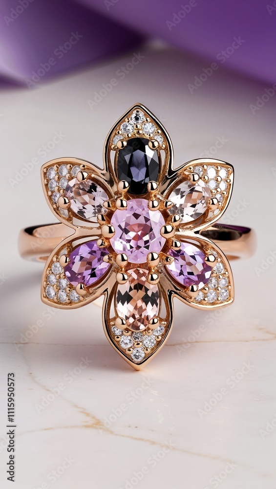 Spinel and morganite cluster ring with petal like metal framework and pave accents 