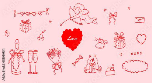 Valentine’s Day Set. Hand Drawn Illustration of Cupid, Hearts, Flowers, and Gifts. Romantic Line Art on Pink Background.