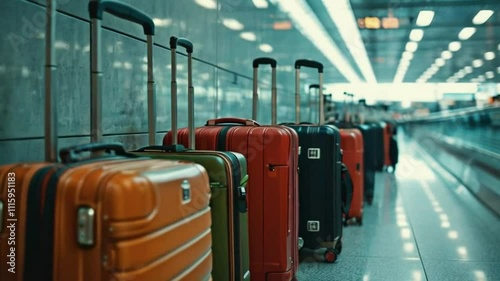 Row of Colorful Suitcases in an Airport Waiting Room: Anticipation and Excitement of Travel