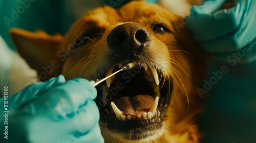 Veterinarian performing gastroscopy on an anesthetized dog in a veterinary clinic, inserting a flexible endoscope probe into the dog's mouth for a medical examination of the digestive system photo