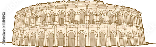 Illustration of the Roman monument "les arènes" in the city of Nîmes in the south of France.