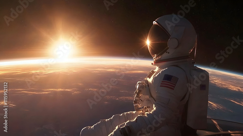 A solitary astronaut in a space suit looks out at Earth as the sun rises above the planet's surface, encapsulating the essence of exploration and wonder in space. photo