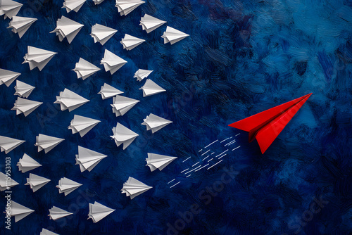 Red paper airplane leading a group of white airplanes on a blue background, symbolizing leadership, innovation, individuality, and breaking away from the norm photo