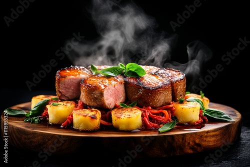  Filetes de carne de res asados servidos con papas doradas y tomates deshidratados en una tabla de madera.
 photo