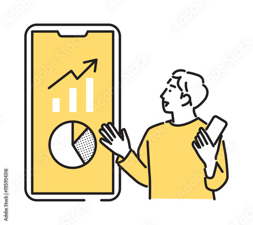 シンプル　イラスト　スマホを指差し笑顔の若い男性