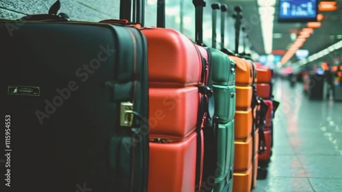 Row of Colorful Suitcases in an Airport Waiting Room: Anticipation and Excitement of Travel