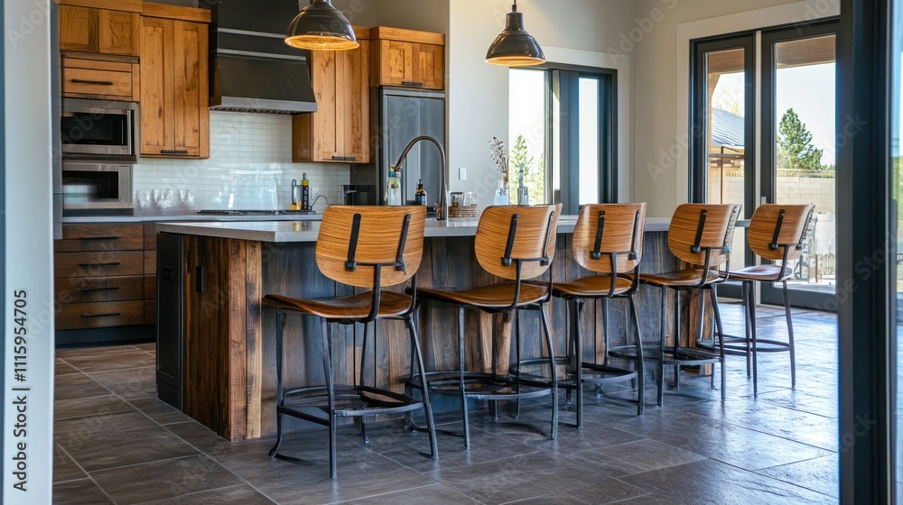 Modern kitchen island with wooden bar stools and rustic cabinets. Modern kitchen island with wooden bar stools and rustic cabinets.
