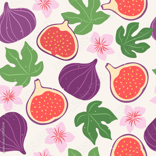 Vector seamless pattern with figs, flowers and leaves. Trendy nature floral background with hand drawn fruits. Modern abstract design for paper, cover, fabric.