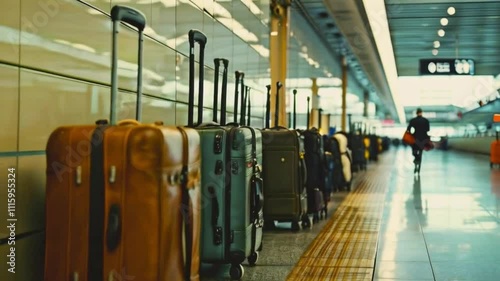Row of Colorful Suitcases in an Airport Waiting Room: Anticipation and Excitement of Travel
