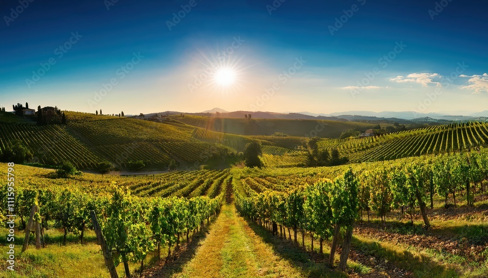 Fototapeta premium Sunlight dances on emerald vine rows, trellised plants heavy with clusters of deep purple grapes awaiting harvest.