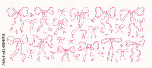 Set of hand drawn various pink bow knots, ribbons and bows in line style. Hair braiding accessories for woman. Coquette vintage illustration. Perfect for poster, cards, wedding invitations.