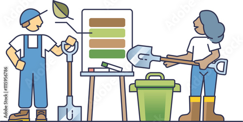 Illustration of people learning composting with tools and a chart.