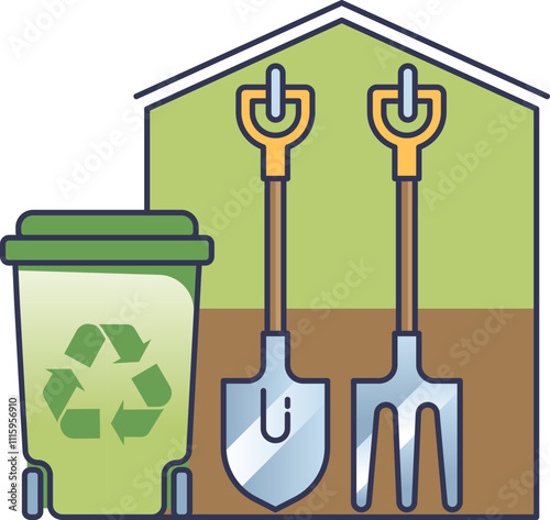 Illustration of a composting shed with a recycling bin, shovel, and pitchfork, symbolizing sustainable gardening.