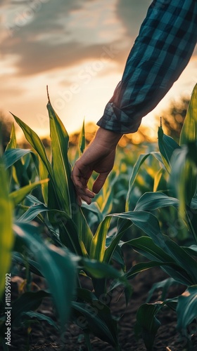 Close-up of an agronomist in a cornfield, inspecting plants
