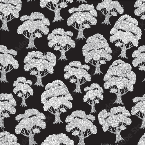 Vector floral seamless pattern. Black and white trees on a black background, Coloring book page