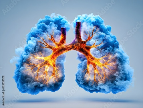 Conceptual art depicting human lungs formed from industrial smoke, symbolizing air pollution and environmental health concerns caused by industries. photo