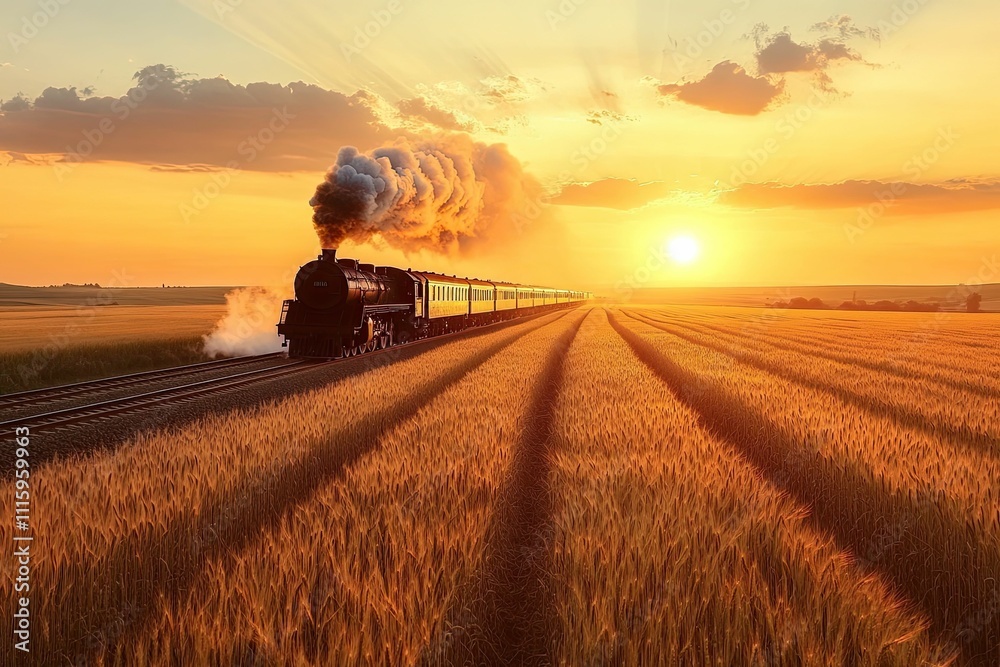 Fototapeta premium Sunset steam train across golden wheat field.