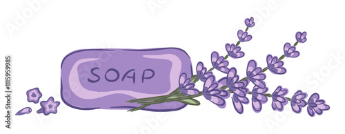 Hand drawn lavender soap with sprigs of lavender vector illustration