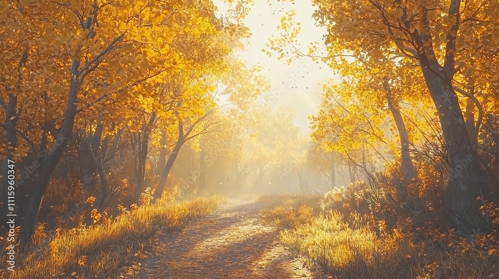 Fototapeta premium Scenic Autumn Forest with Golden Leaves and Sunlight