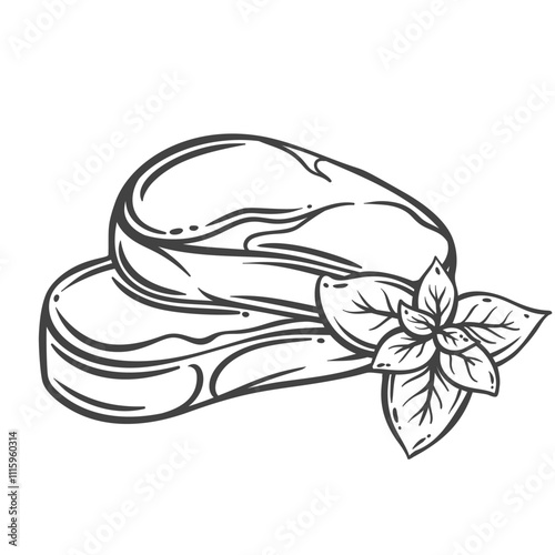Beef steak two slices line icon. Outline hand drawn sketch of marbled meat steak with fat strips, fresh beefsteaks and basil leaf. BBQ, cooking mascot, raw pork chops icon vector illustration
