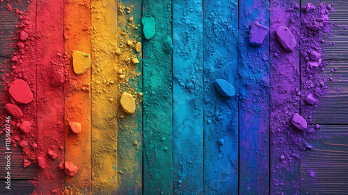 Bright Holi powders in rainbow colors on wooden surface photo