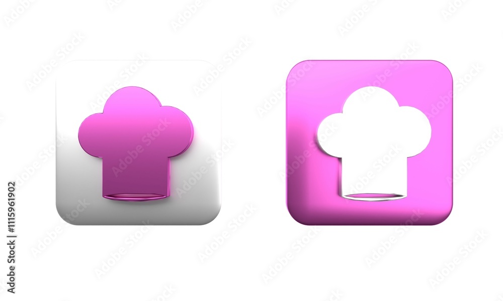 Colorful Chef hat icon isolated on white background. Cooking symbol. Cooks hat. Square button. 3D render illustration Colorful Chef hat icon isolated on white background. Cooking symbol. Cooks hat. Square button. 3D render illustration