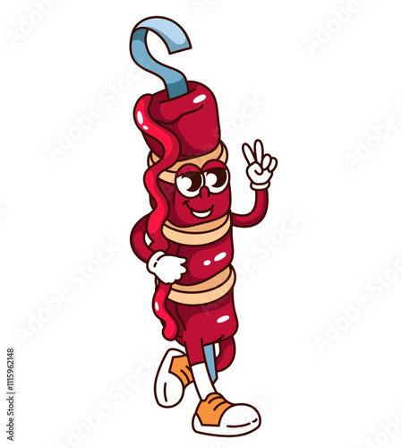 Groovy kebab on skewer cartoon character with hippie peace gesture. Funny retro grilled meat with ketchup walking to BBQ party. Picnic mascot, cartoon kebab sticker of 70s 80s vector illustration