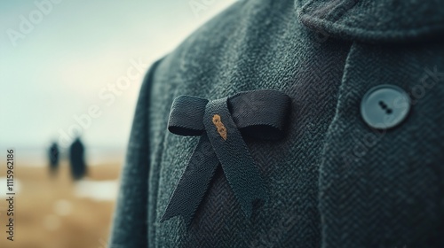 Black Ribbon on Textured Coat in Outdoor Setting