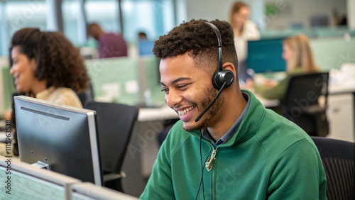 Green dressed brown young man with a headset smiling, working as a call center operator in a busy office. Bussineswoman, representative, operator, assists with customer support and communication