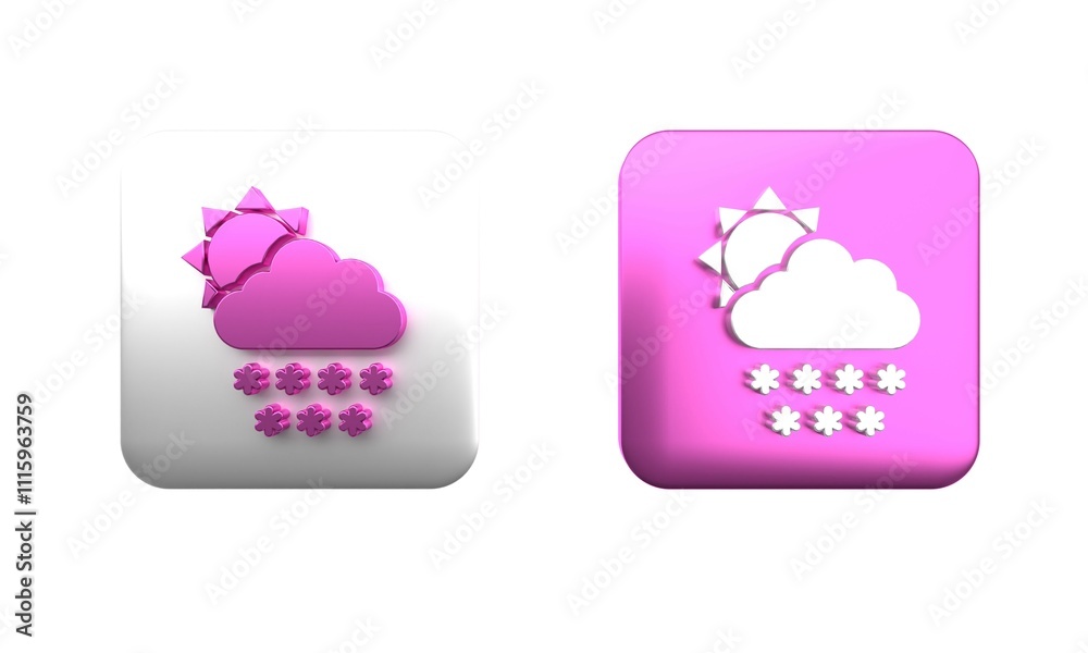 Colorful Cloud with snow and sun icon isolated on white background. Cloud with snowflakes. Single weather icon. Snowing sign. Square button. 3D render illustration Colorful Cloud with snow and sun icon isolated on white background. Cloud with snowflakes. Single weather icon. Snowing sign. Square button. 3D render illustration