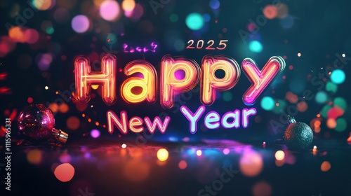 Vibrant "2025 Happy New Year" typography glowing with light effects and surrounded by festive decor, on a dark background