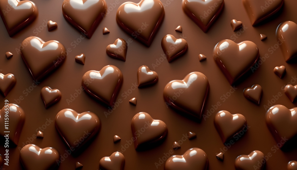 Fototapeta premium Delicious chocolate hearts arranged in a beautiful pattern on a glossy surface