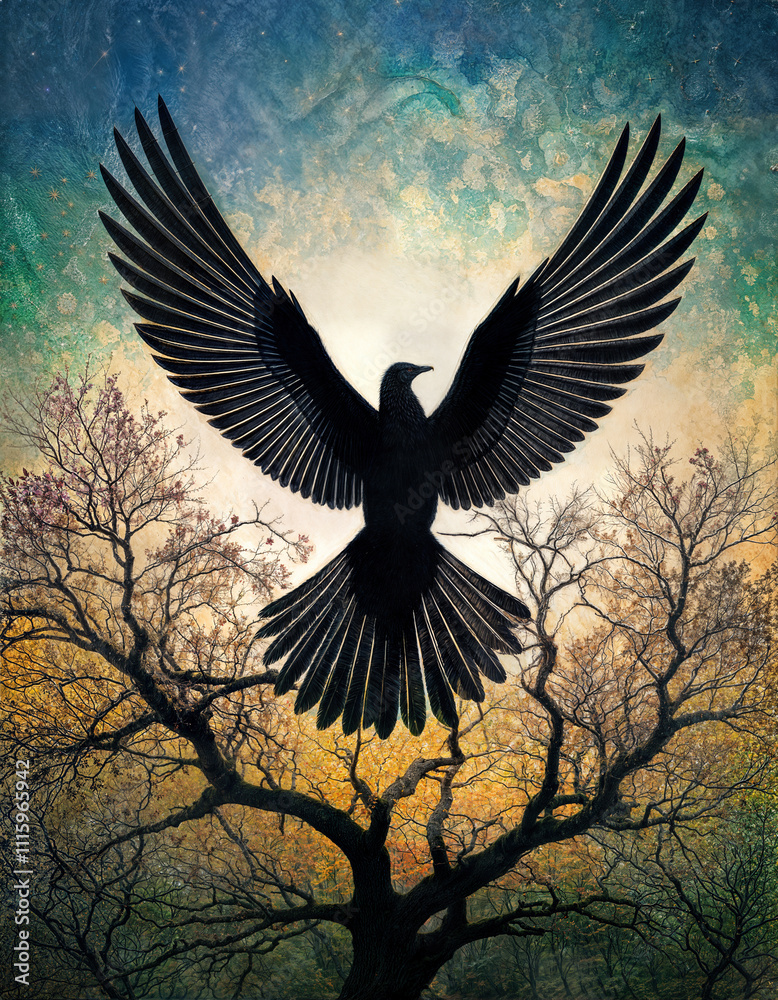 Fototapeta premium A beautiful silhouette of a bird in front of the sun over a tree and magical forest in high resolution detail