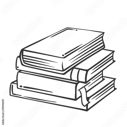 Vertical stack of books line icon. Outline hand drawn pile of paper hardcover science and fiction literature on bookshelf. Reading mascot, simple books with bookmark heap icon vector illustration