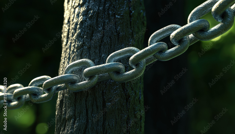 A close-up image of a metal chain linked around a textured tree trunk, showcasing a contrast between nature and industrial materials. A close-up image of a metal chain linked around a textured tree trunk, showcasing a contrast between nature and industrial materials.