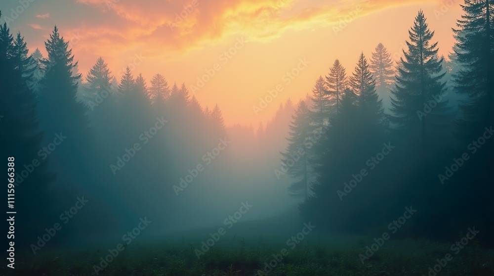 Fototapeta premium Through the Mist: A Fir Forest in a Vintage Retro Aesthetic, Revealing the Enigmatic Beauty of Nature Veiled in Fog