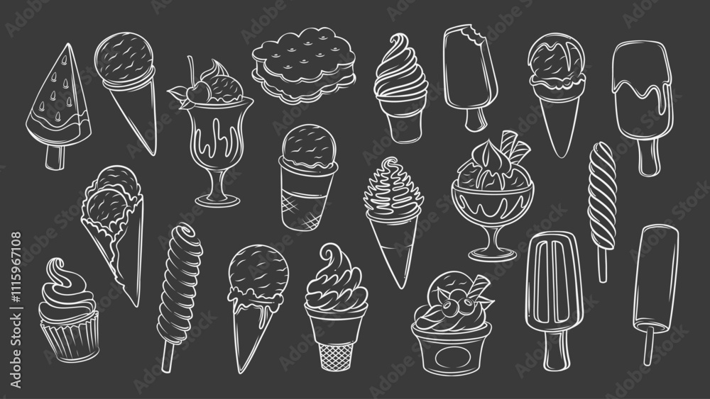 Ice cream doodle icons set. Funny chalk vintage sketches of different gelato and popsicles on blackboard. Summer dessert menu mascot, hand drawn ice cream icons collection vector illustration