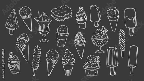Ice cream doodle icons set. Funny chalk vintage sketches of different gelato and popsicles on blackboard. Summer dessert menu mascot, hand drawn ice cream icons collection vector illustration