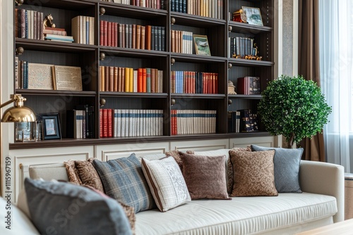Cozy reading nook with a sofa, bookshelves filled with books, and decorative pillows.