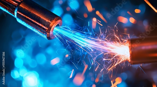 Extreme close-up of electric blue sparks jumping between copper wire electrodes, detailed plasma filaments, high-contrast background photo