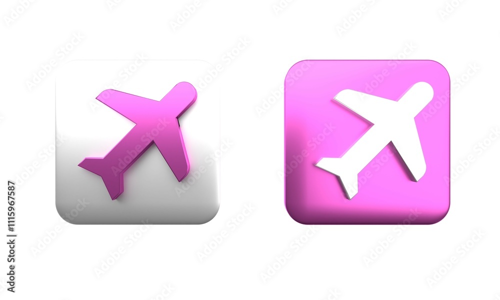 Fototapeta premium Colorful Plane icon isolated on white background. Flying airplane icon. Airliner sign. Square button. 3D render illustration