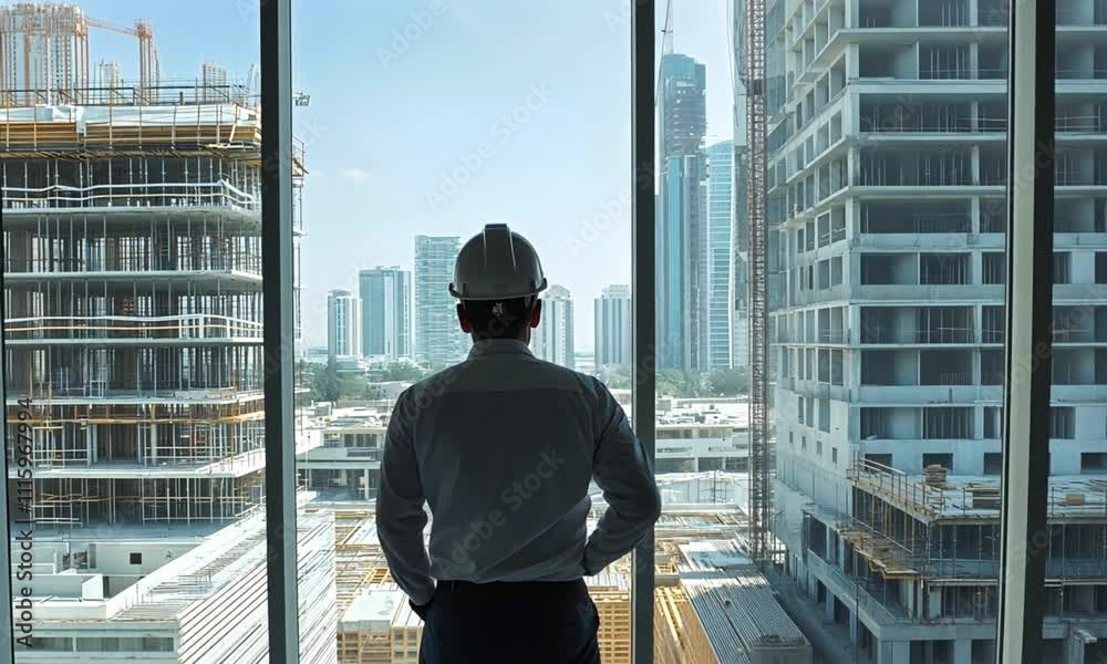 A construction engineer surveying the progress of a high-rise building project from an unfinished floor. Through the large window, several high-rise buildings under construction are visible.