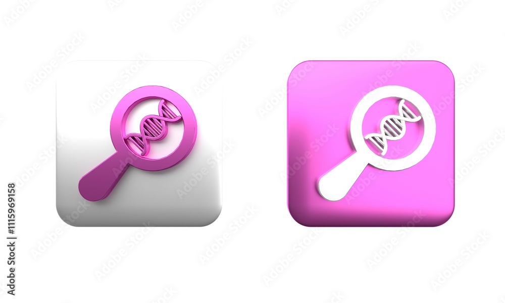 Colorful DNA research, search icon isolated on white background. Magnifying glass and dna chain. Genetic engineering, cloning, paternity testing. Square button. 3D render illustration Colorful DNA research, search icon isolated on white background. Magnifying glass and dna chain. Genetic engineering, cloning, paternity testing. Square button. 3D render illustration