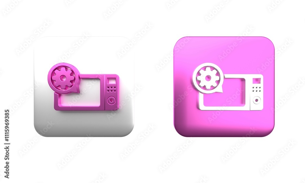 Colorful Microwave oven and gear icon isolated on white background. Adjusting app, service concept, setting options, maintenance, repair, fixing. Square button. 3D render illustration Colorful Microwave oven and gear icon isolated on white background. Adjusting app, service concept, setting options, maintenance, repair, fixing. Square button. 3D render illustration