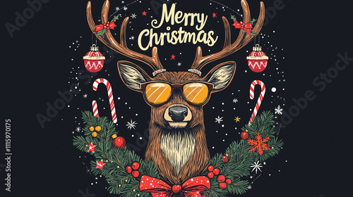 Cartoon-Style Deer with Sunglasses and Christmas Lights, 'Merry Christmas' Text in Antlers, Red Decorations, and Wreath on Black Background