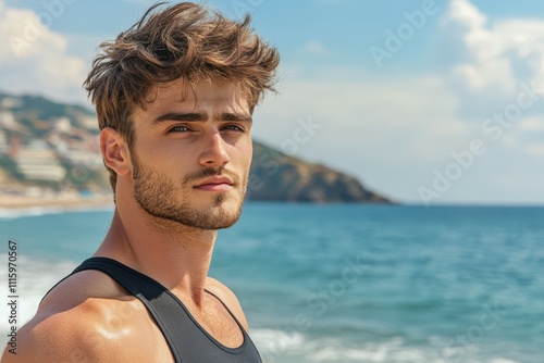 mock up of a man wearing a plain black t-shirt from behind, with a mountain forest background with dense green trees. Beautiful simple AI generated image photo